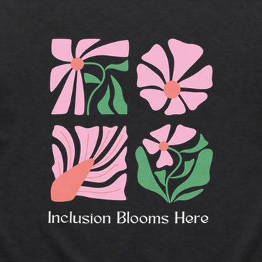 Inclusion Blooms Here Tee Black t-shirt, back design close-up