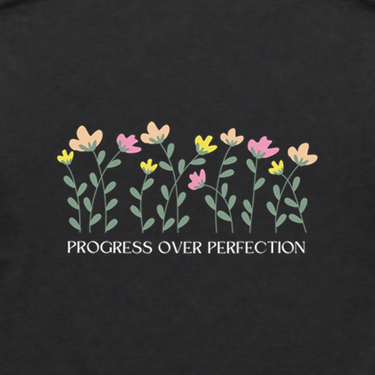 Progress over Perfection Tee w/ Back Print Black t-shirt, back design close-up