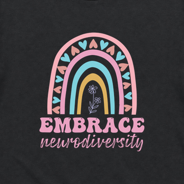 Embrace Neurodiversity Tee Black t-shirt, design close-up
