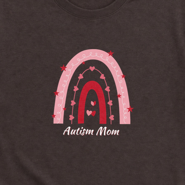 Autism Mom Rainbow Tee Dark Chocolate t-shirt, design close-up