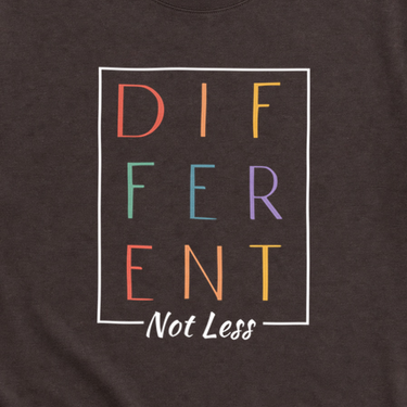 Different Not Less Tee Dark Chocolate t-shirt, design close-up
