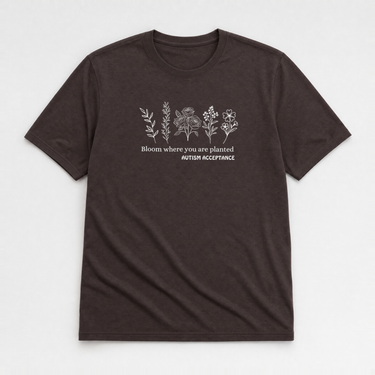 Bloom Where You Are Planted - Autism Acceptance Wildflowers Tee Dark Chocolate t-shirt, front