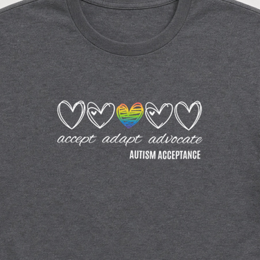 Accept Adapt Advocate Rainbow Love Heart Tee Dark Heather Grey t-shirt, design close-up