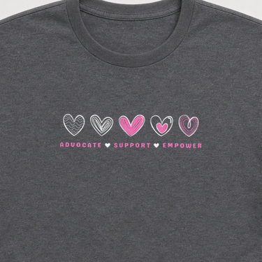 Advocate Support Empower Love Hearts Tee Dark Heather Grey t-shirt, design close-up