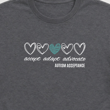 Accept Adapt Advocate Love Hearts Tee Dark Heather Grey t-shirt, design close-up