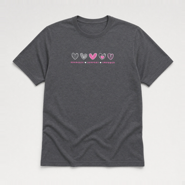Advocate Support Empower Love Hearts Tee Dark Heather Grey t-shirt, front