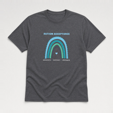Advocate Support Empower Autism Acceptance Rainbow Tee Dark Heather Grey t-shirt, front