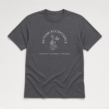 Autism Acceptance - Advocate Support Empower Tee Dark Heather Grey t-shirt, front