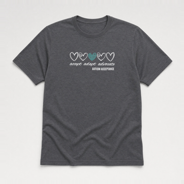 Accept Adapt Advocate Love Hearts Tee Dark Heather Grey t-shirt, front