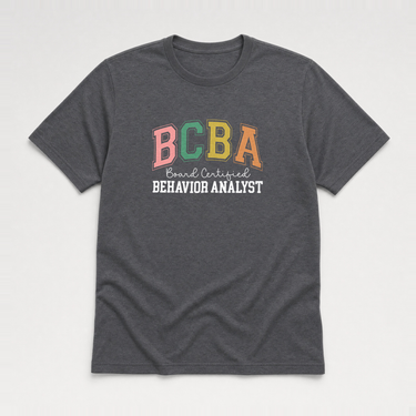 BCBA - Board Certified Behavior Analyst College Style Tee Dark Heather Grey t-shirt, front