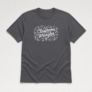 Classroom Wrangler Tag-Free Tee Dark Heather Grey t-shirt, front