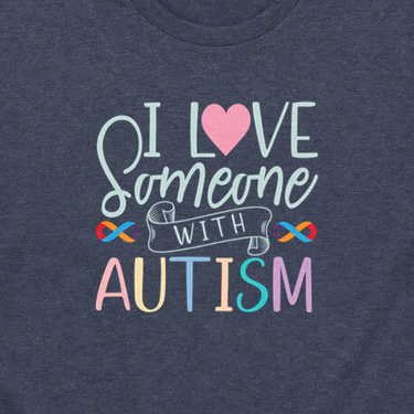 I Love Someone With Autism Tee Heather Navy t-shirt, design close-up