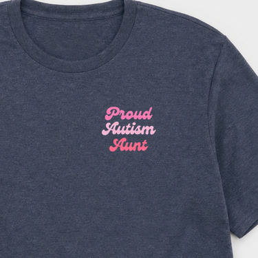 Proud Autism Aunt Tee Heather Navy t-shirt, design close-up