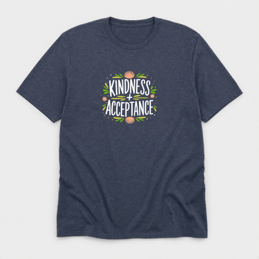 Kindness + Acceptance Tee Heather Navy t-shirt, front
