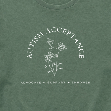 Autism Acceptance - Advocate Support Empower Tee Military Green t-shirt, design close-up