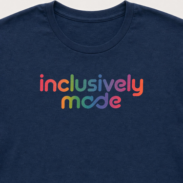 Inclusively Made Tag-Free Tee Navy t-shirt, design close-up