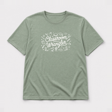 Classroom Wrangler Tag-Free Tee Sage t-shirt, front