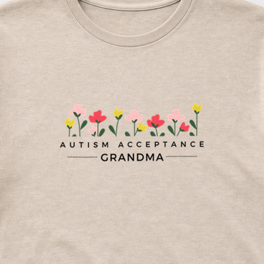 Autism Acceptance Grandma Tee Sand t-shirt, design close-up