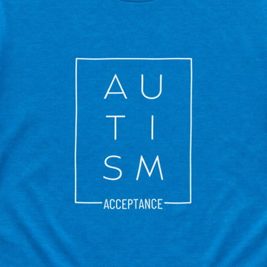 Autism Acceptance Box Tee Sapphire t-shirt, design close-up