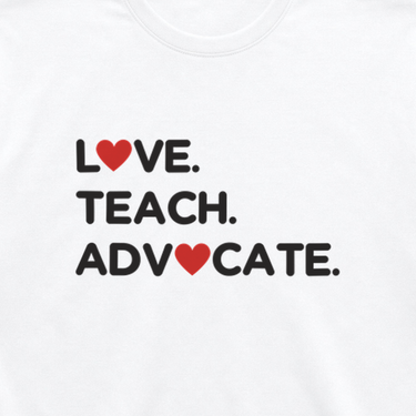 Love Teach Advocate - Love Hearts Tee White t-shirt, design close-up