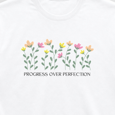 Progress over Perfection Tee White t-shirt, design close-up
