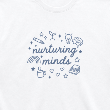 Nurturing Minds Tag-Free Tee White t-shirt, design close-up