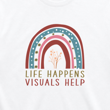 Life Happens Visuals Help Tag-Free Tee White t-shirt, design close-up