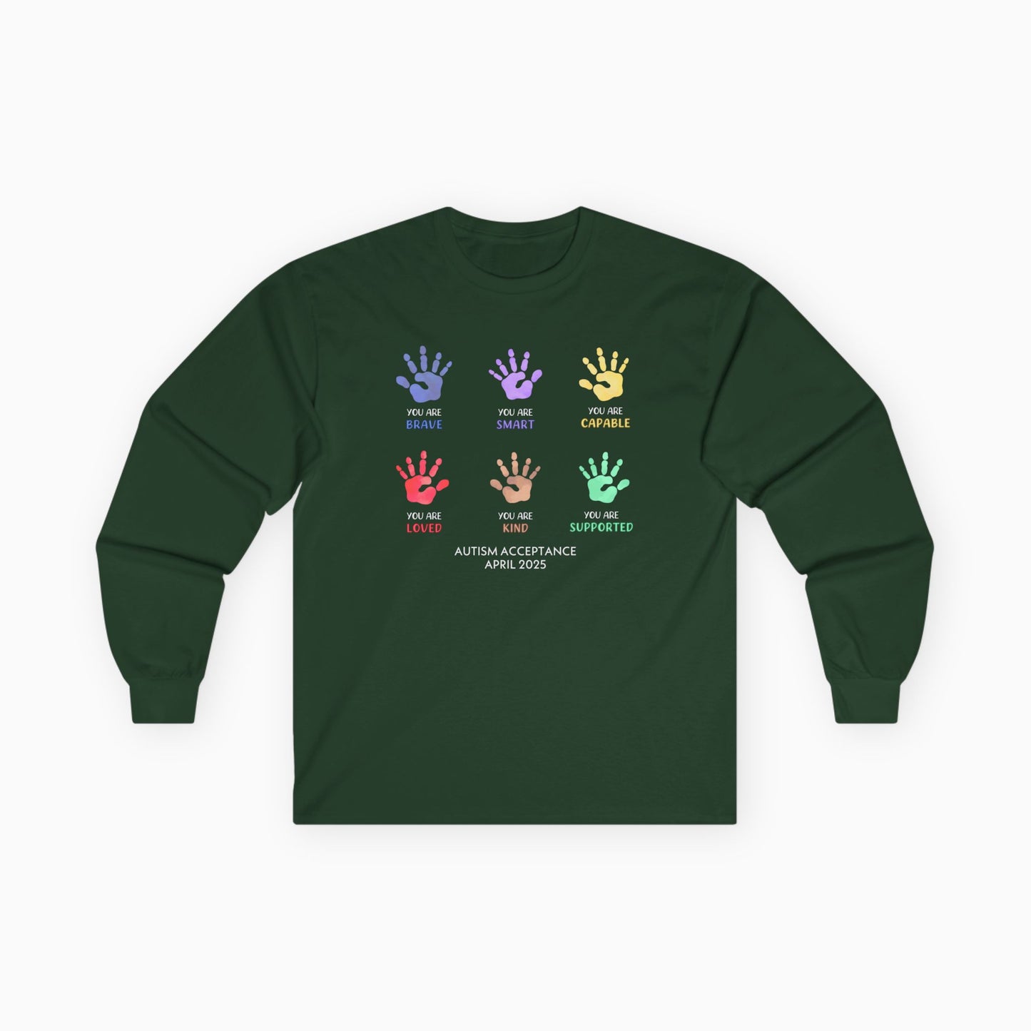 Autism Awareness 2025 - Affirmation Handprints Long Sleeve Tee