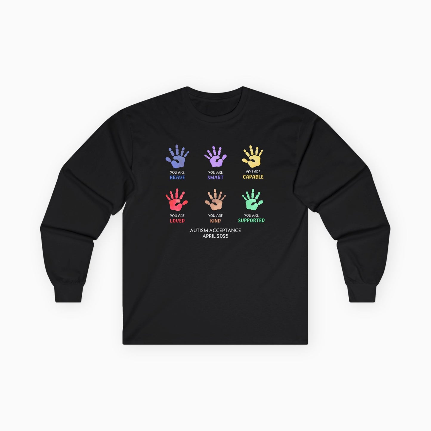 Autism Awareness 2025 - Affirmation Handprints Long Sleeve Tee