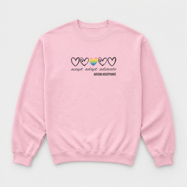 Accept Adapt Advocate Rainbow Love Heart Sweatshirt Light Pink sweatshirt, front