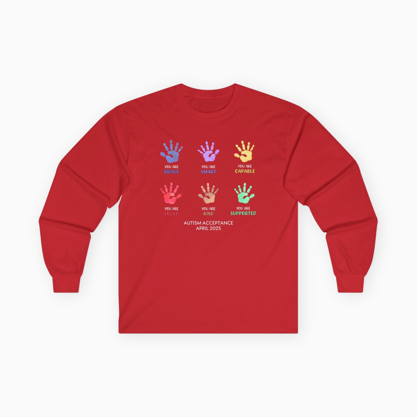 Autism Awareness 2025 - Affirmation Handprints Long Sleeve Tee