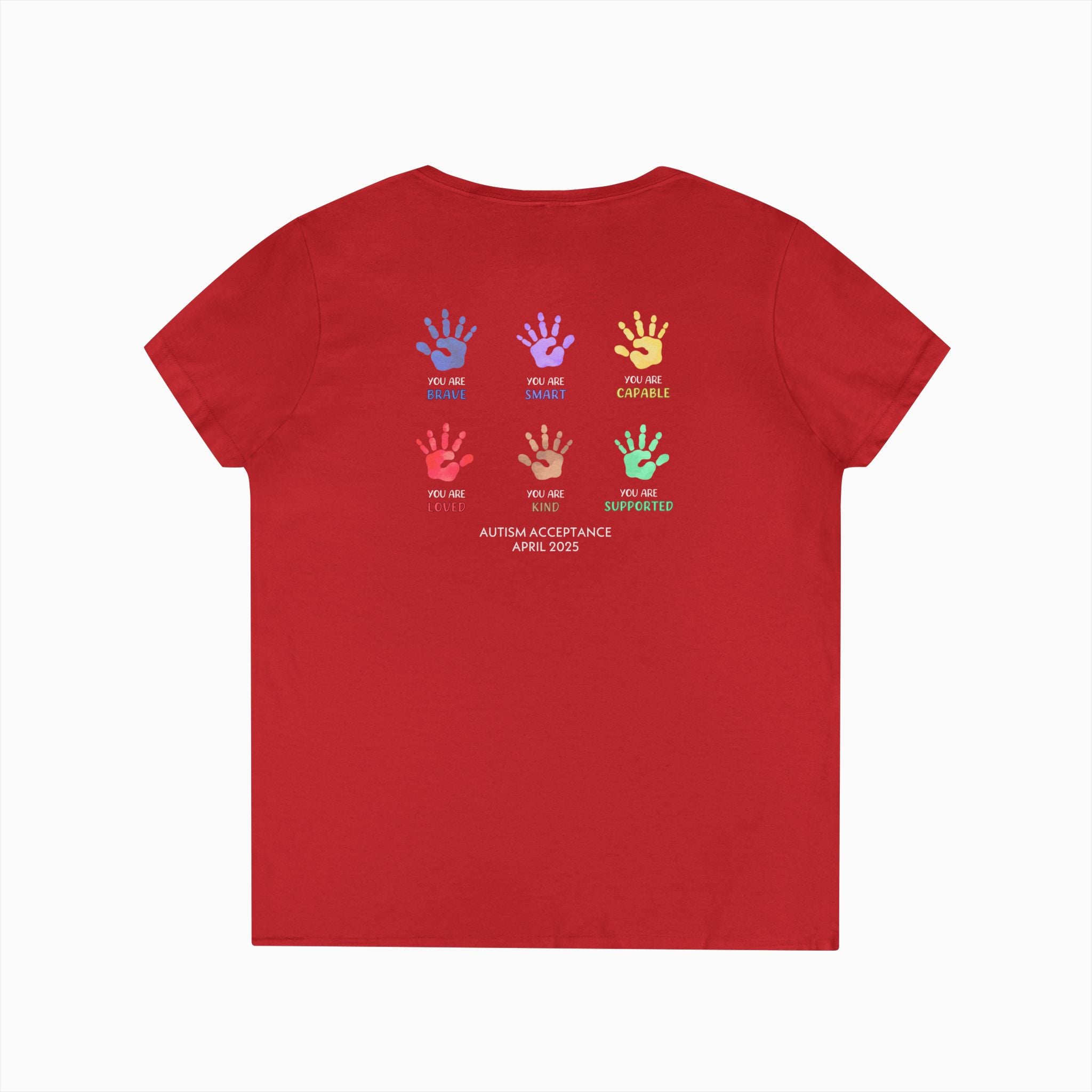 Autism Awareness 2025 - Affirmation Handprints Ladies V-Neck T-Shirt