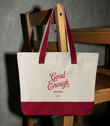 The Natural and Red Good Enough Is Enough zippered tote, front view