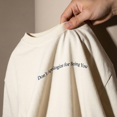 Close-up of the front print on the Ivory Don't Apologize for Being You boxy tee