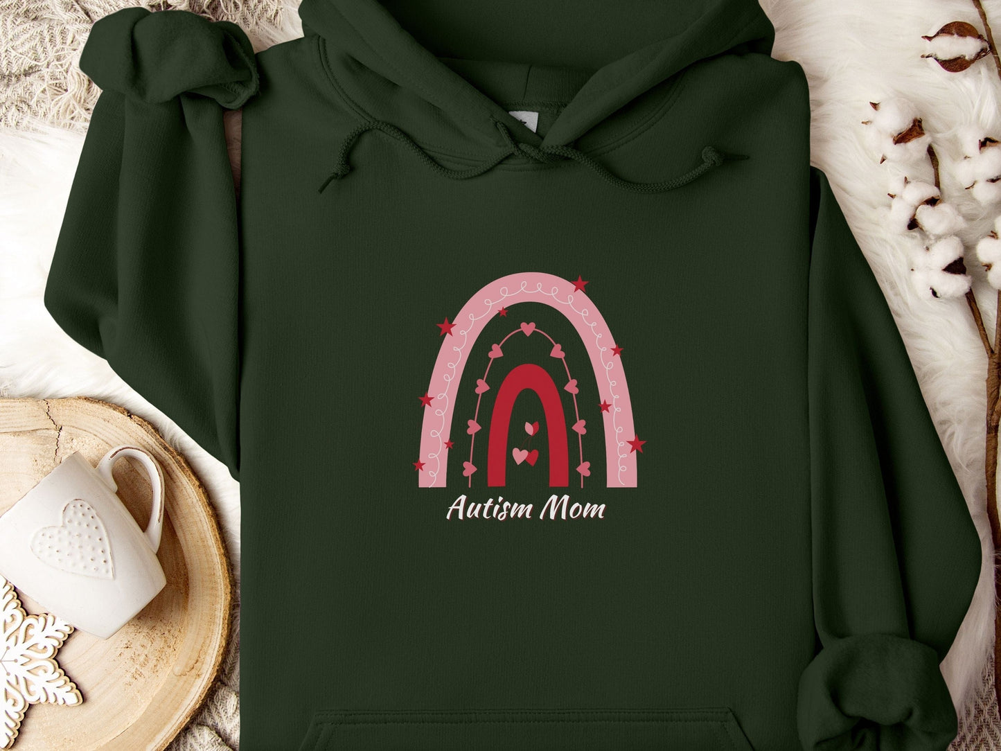 Autism Mom Rainbow Hoodie-Forest Green-Neurodiversity, ADHD & Autism Awareness & Acceptance Hoodie by Daily Bloom