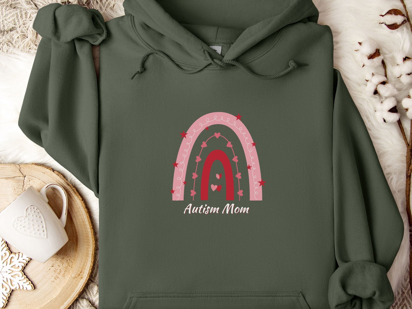 Autism Mom Rainbow Hoodie-Military Green-Neurodiversity, ADHD & Autism Awareness & Acceptance Hoodie by Daily Bloom