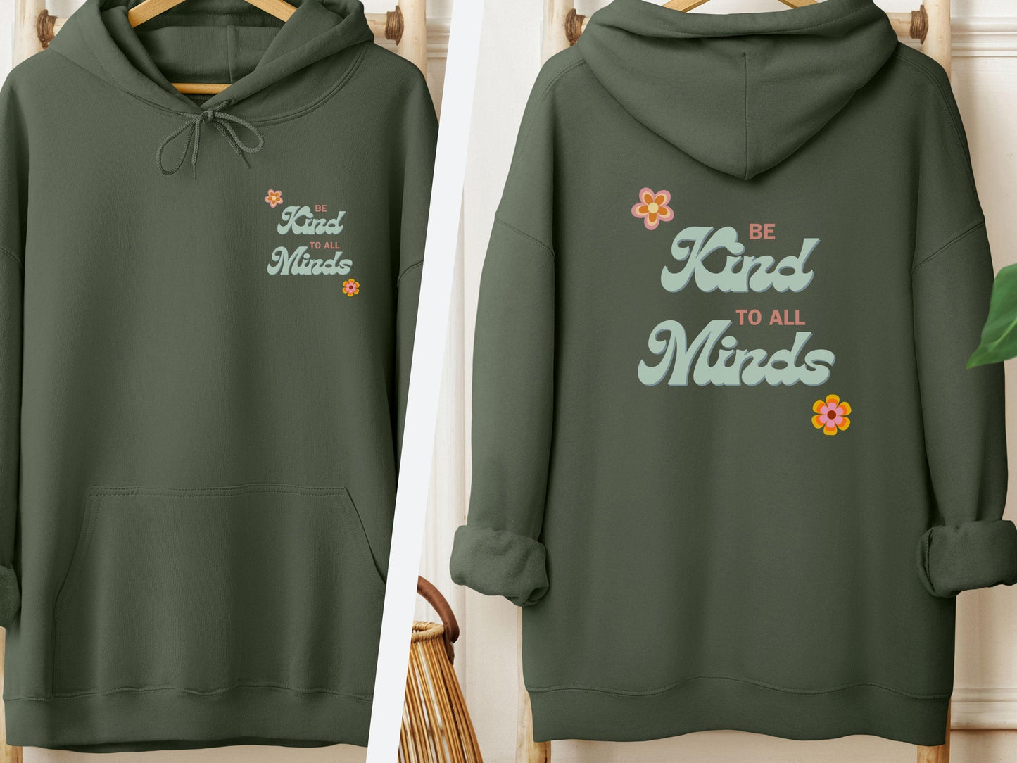 Be Kind to All Minds Hoodie-Military Green-Neurodiversity, ADHD & Autism Awareness & Acceptance Hoodie by Daily Bloom