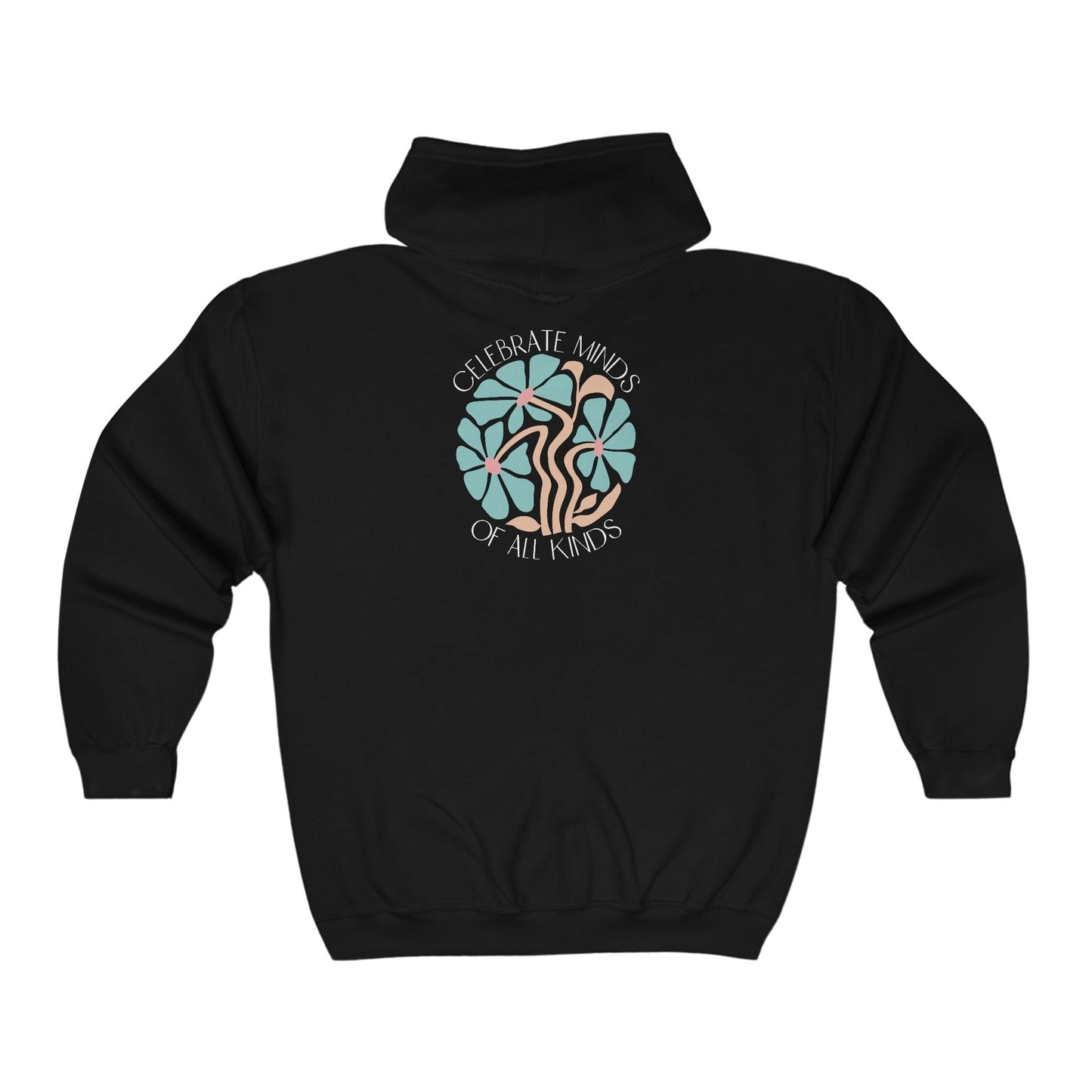 Celebrate Minds of All Kinds Full Zip Hoodie-Black-Neurodiversity, ADHD & Autism Awareness & Acceptance Hoodie by Daily Bloom