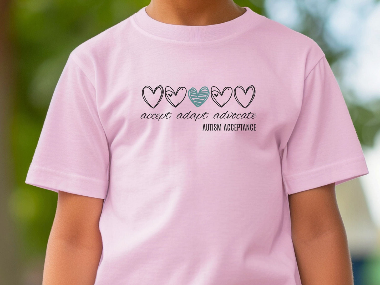 Accept Adapt Advocate Love Hearts Kids Tee-Neurodiversity, ADHD & Autism Awareness & Acceptance Kids clothes by Daily Bloom