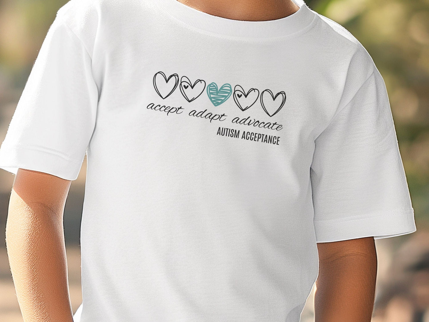 Accept Adapt Advocate Love Hearts Kids Tee-Neurodiversity, ADHD & Autism Awareness & Acceptance Kids clothes by Daily Bloom