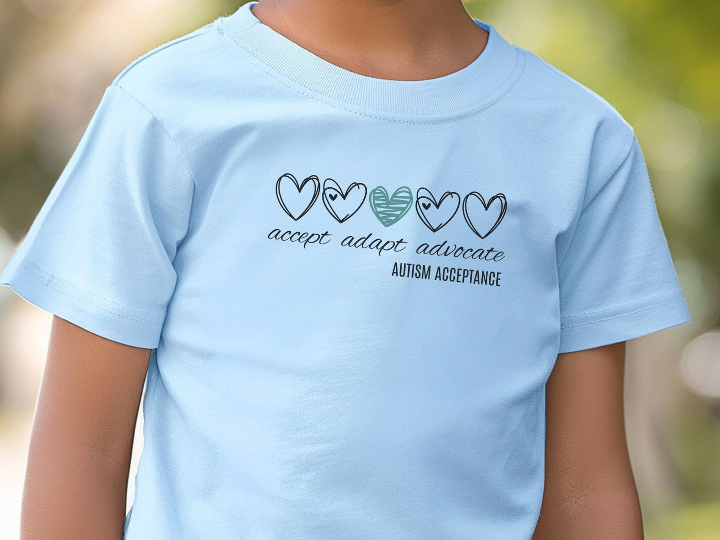 Accept Adapt Advocate Love Hearts Kids Tee-Neurodiversity, ADHD & Autism Awareness & Acceptance Kids clothes by Daily Bloom