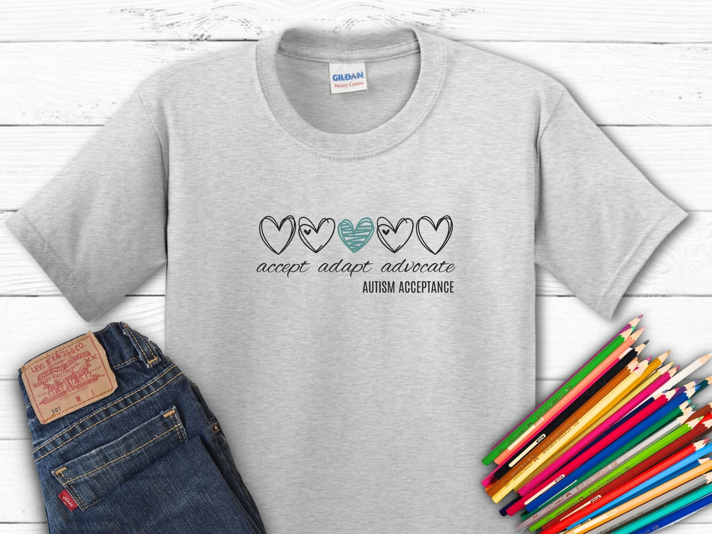 Accept Adapt Advocate Love Hearts Kids Tee-Ash-Neurodiversity, ADHD & Autism Awareness & Acceptance Kids clothes by Daily Bloom