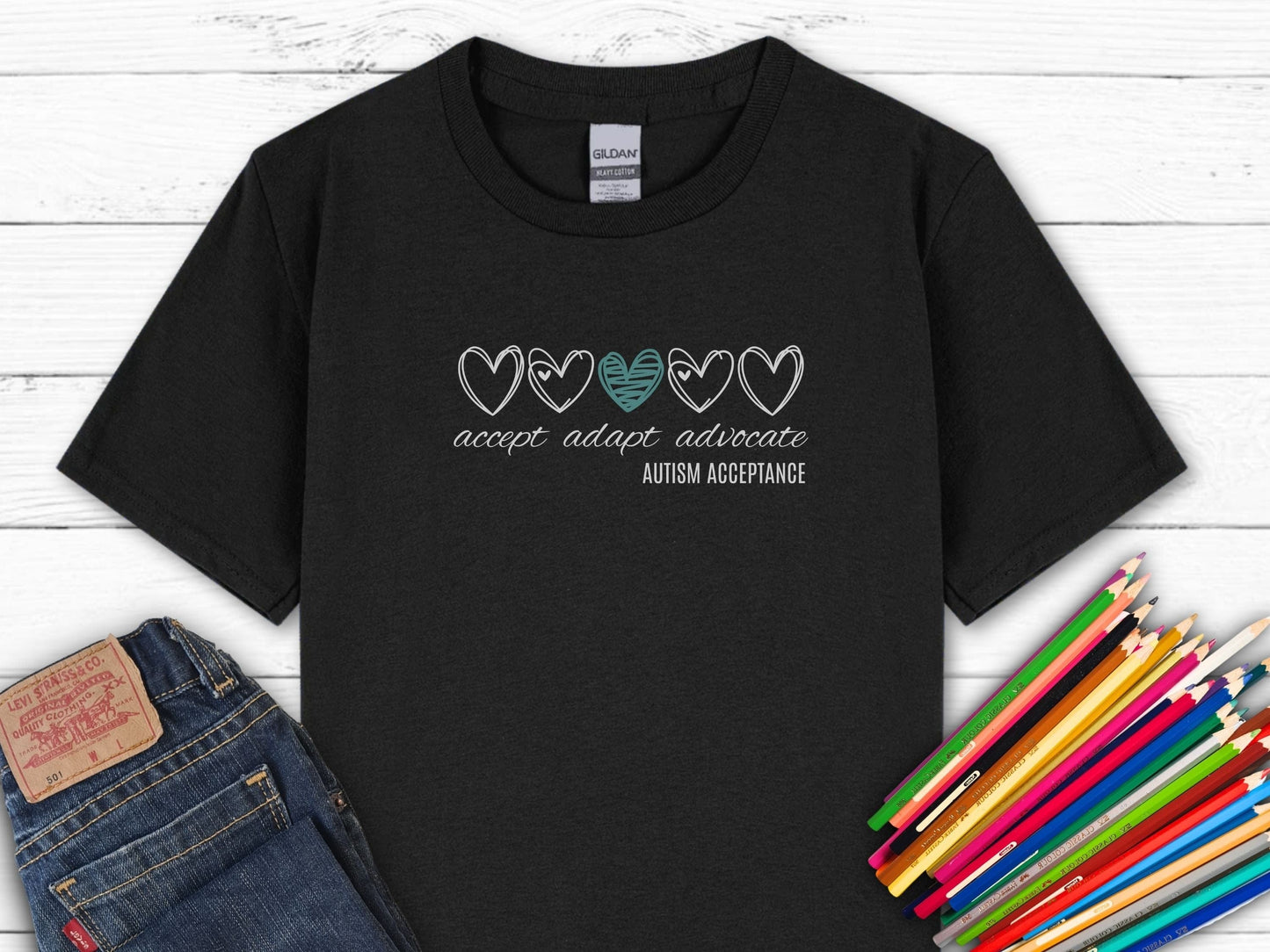 Accept Adapt Advocate Love Hearts Kids Tee-Black-Neurodiversity, ADHD & Autism Awareness & Acceptance Kids clothes by Daily Bloom