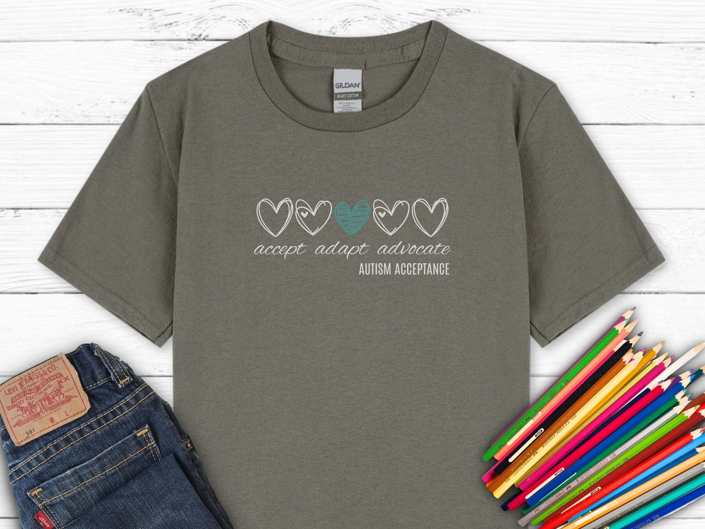 Accept Adapt Advocate Love Hearts Kids Tee-Charcoal-Neurodiversity, ADHD & Autism Awareness & Acceptance Kids clothes by Daily Bloom