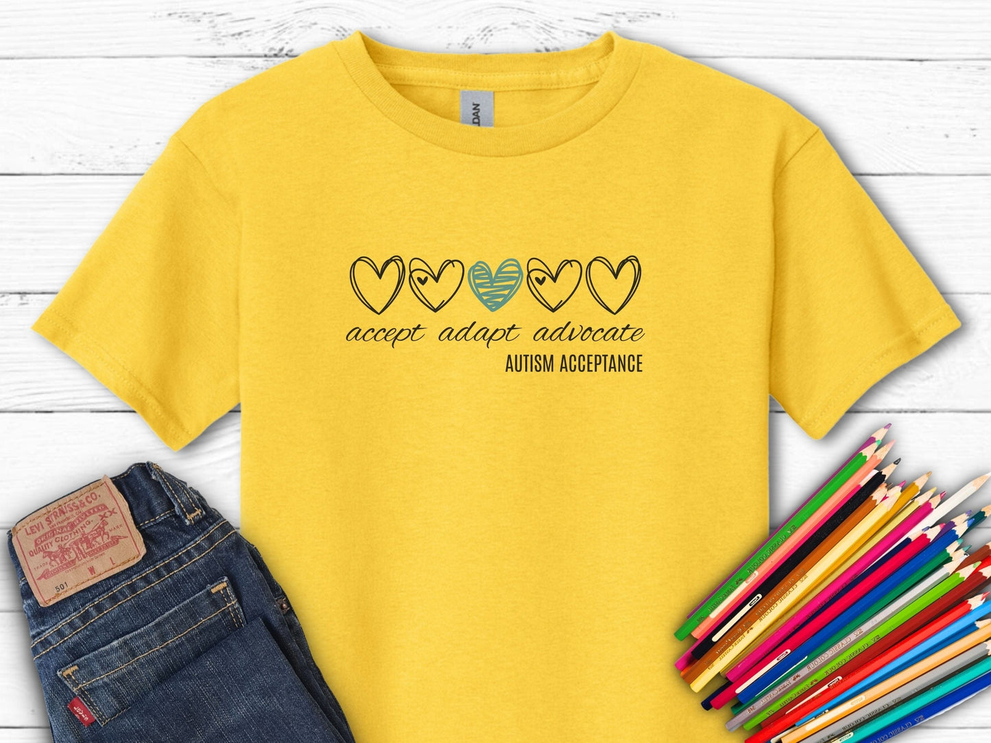Accept Adapt Advocate Love Hearts Kids Tee-Daisy-Neurodiversity, ADHD & Autism Awareness & Acceptance Kids clothes by Daily Bloom