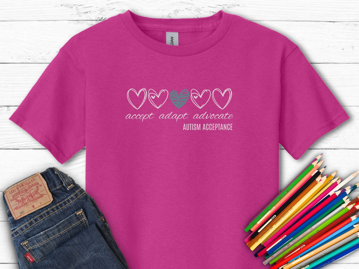 Accept Adapt Advocate Love Hearts Kids Tee-Heliconia-Neurodiversity, ADHD & Autism Awareness & Acceptance Kids clothes by Daily Bloom