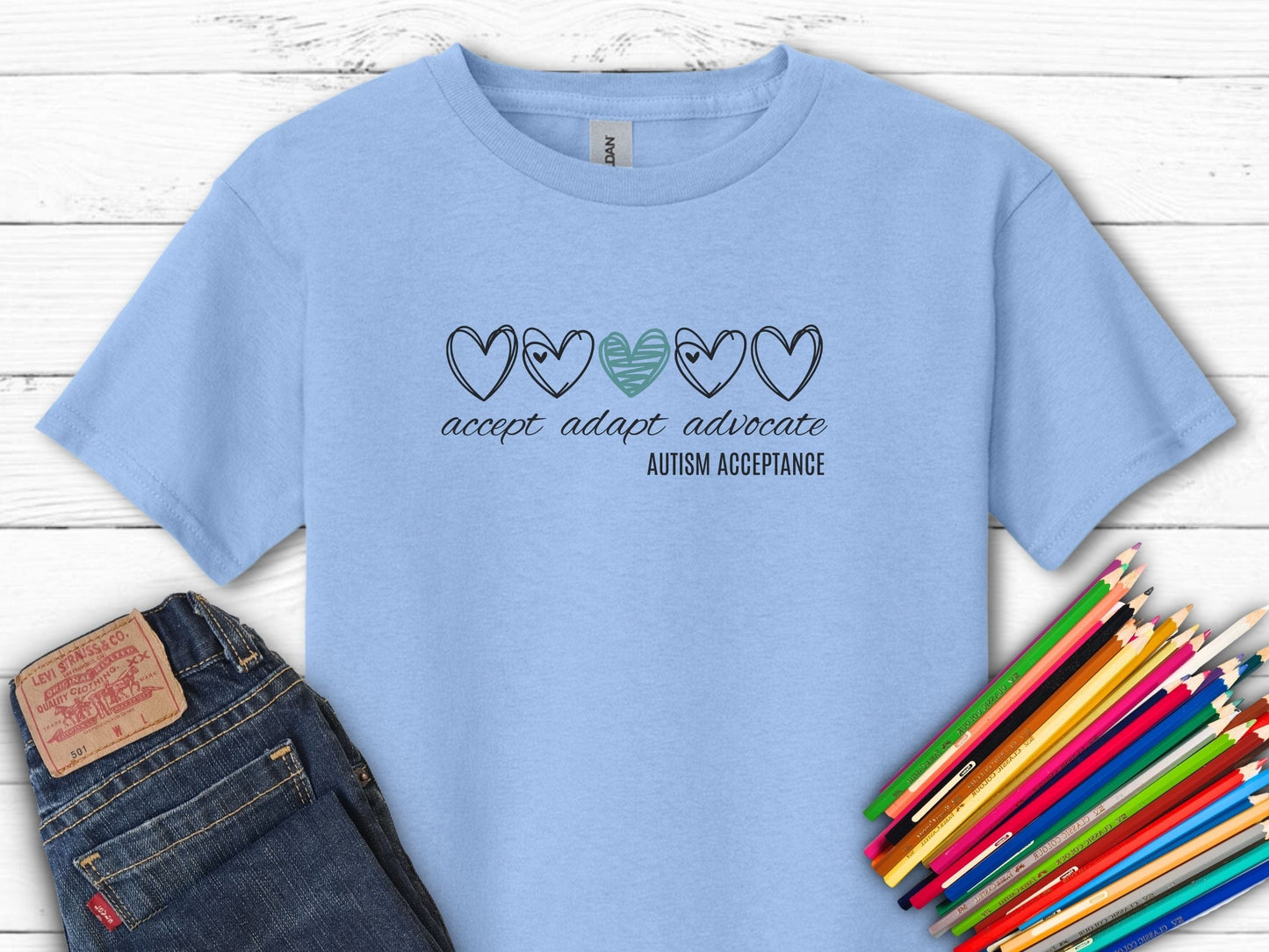 Accept Adapt Advocate Love Hearts Kids Tee-Light Blue-Neurodiversity, ADHD & Autism Awareness & Acceptance Kids clothes by Daily Bloom