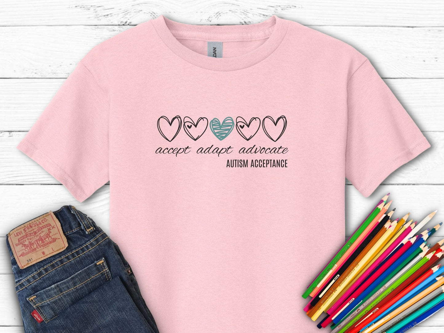 Accept Adapt Advocate Love Hearts Kids Tee-Light Pink-Neurodiversity, ADHD & Autism Awareness & Acceptance Kids clothes by Daily Bloom