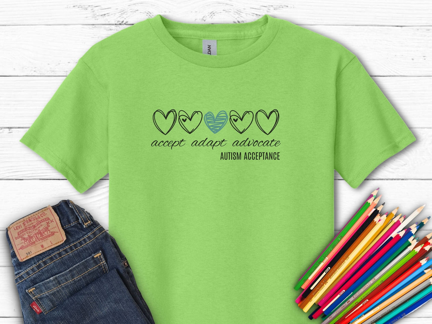 Accept Adapt Advocate Love Hearts Kids Tee-Lime-Neurodiversity, ADHD & Autism Awareness & Acceptance Kids clothes by Daily Bloom