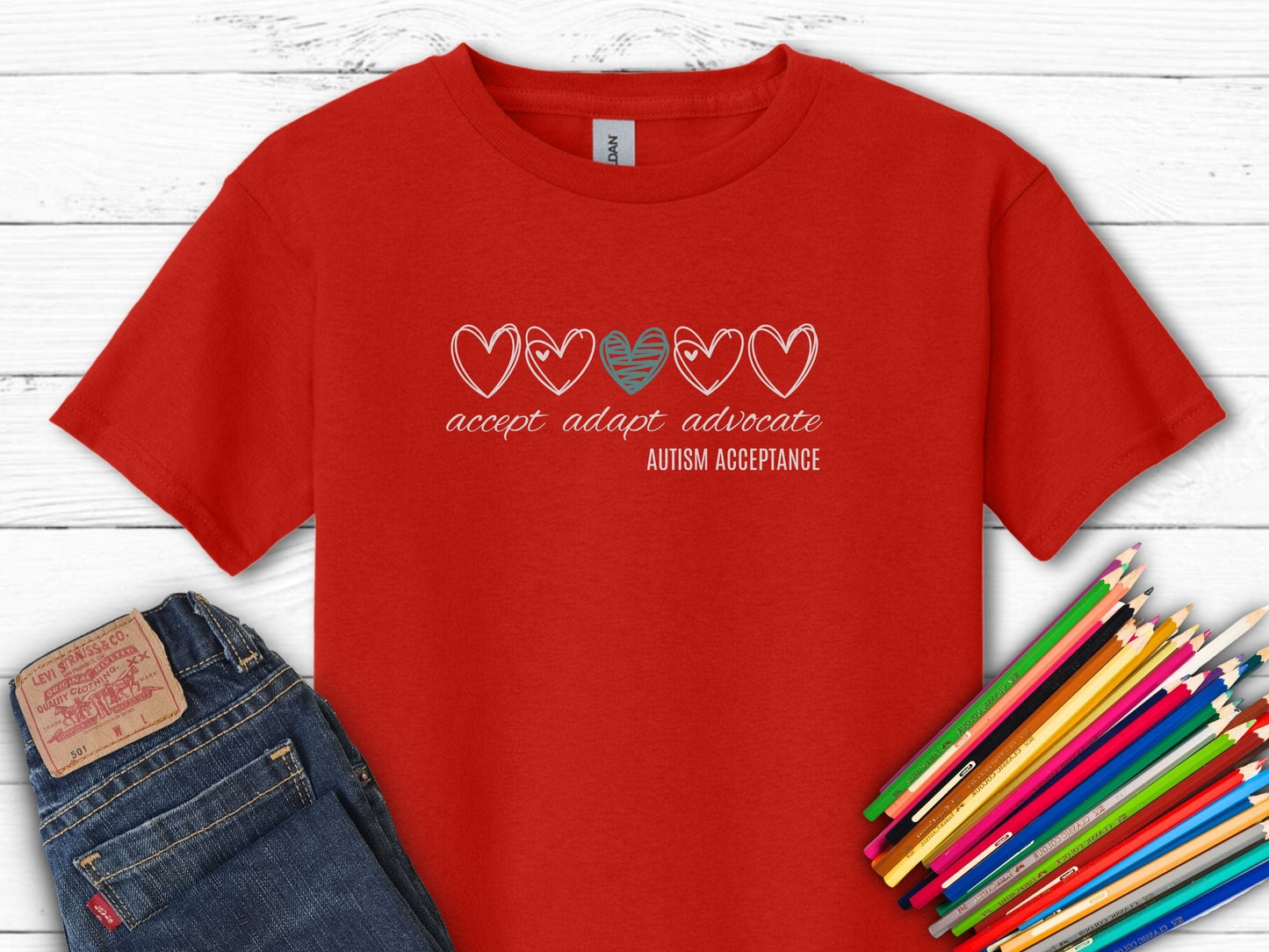 Accept Adapt Advocate Love Hearts Kids Tee-Red-Neurodiversity, ADHD & Autism Awareness & Acceptance Kids clothes by Daily Bloom